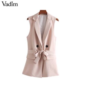 Vadim women elegant pocket waist coat sleeveless vests bow tie sashes single button jacket pink outwear top feminino MA023