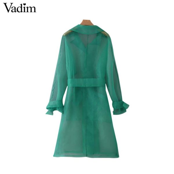 Vadim women elegant solid loose long trench bow tie sashes see through design coat green outerwear long chic tops CA481 - Image 2