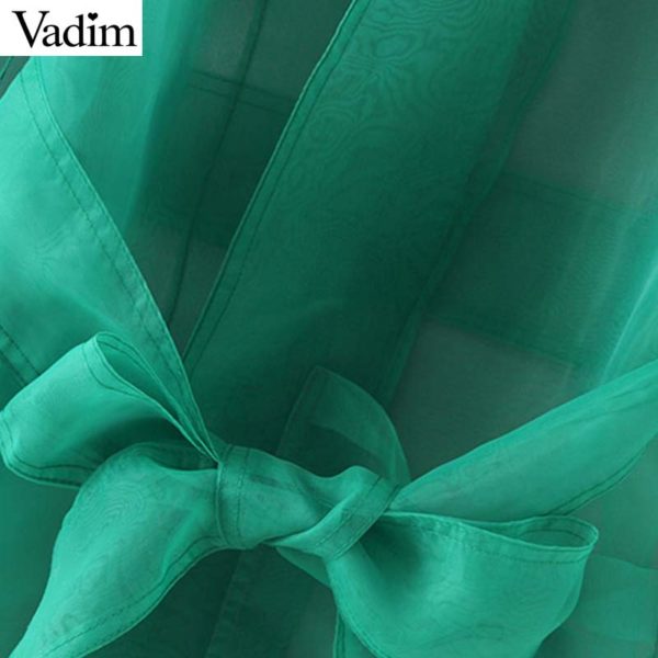 Vadim women elegant solid loose long trench bow tie sashes see through design coat green outerwear long chic tops CA481 - Image 3
