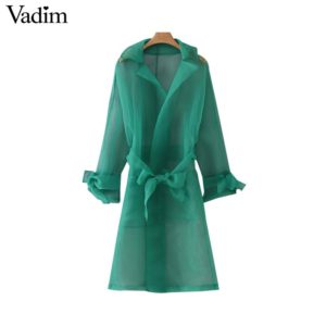 Vadim women elegant solid loose long trench bow tie sashes see through design coat green outerwear long chic tops CA481