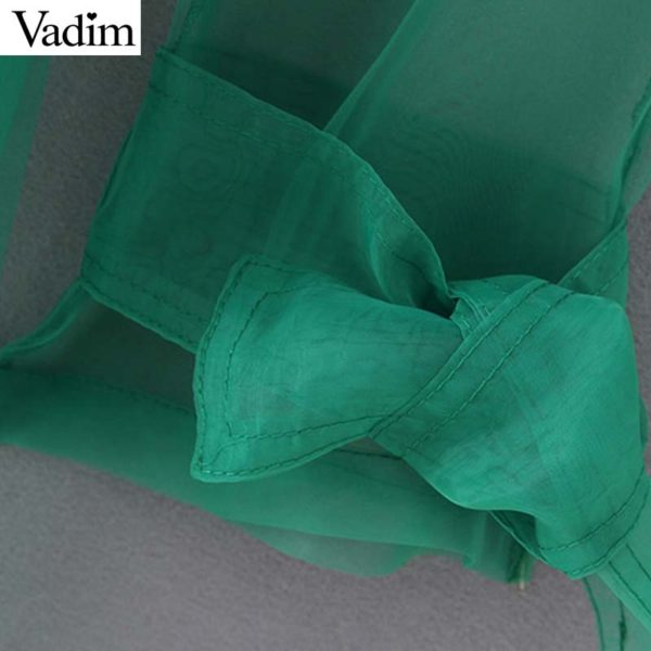 Vadim women elegant solid loose long trench bow tie sashes see through design coat green outerwear long chic tops CA481 - Image 5