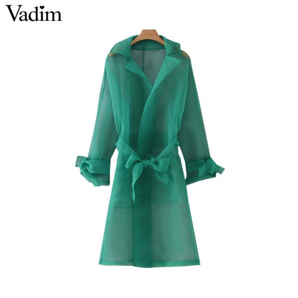 Vadim women elegant solid loose long trench bow tie sashes see through design coat green outerwear long chic tops CA481