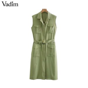 Vadim women elegant solid vest sashes pocket decrorate sleeveless office wear green outwear casual jacket MA025