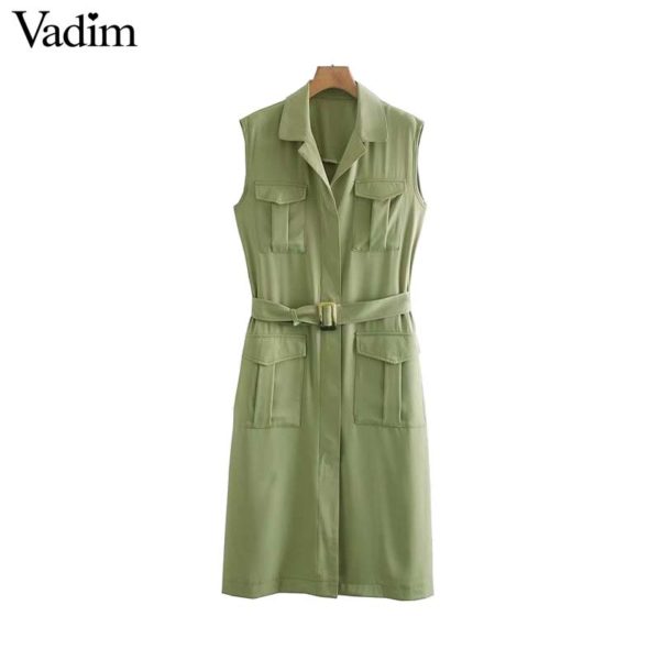 Vadim women elegant solid vest sashes pocket decrorate sleeveless office wear green outwear casual jacket MA025