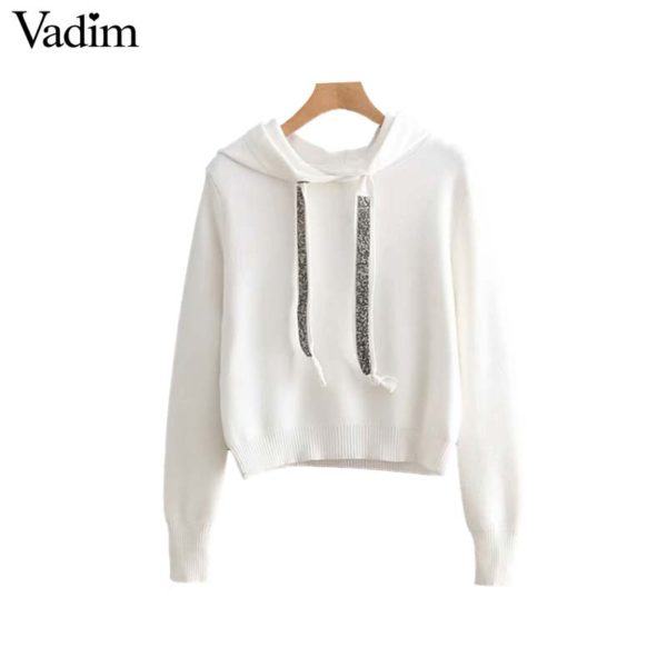 Vadim women faux diamonds beading hooded knitted sweater long sleeve stretchy solid pullovers female casual chic tops HA240 - Image 2