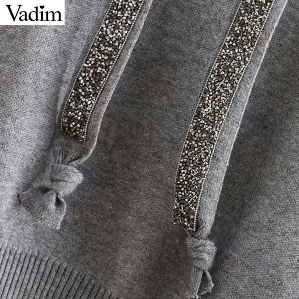 Vadim women faux diamonds beading hooded knitted sweater long sleeve stretchy solid pullovers female casual chic tops HA240 - Image 6