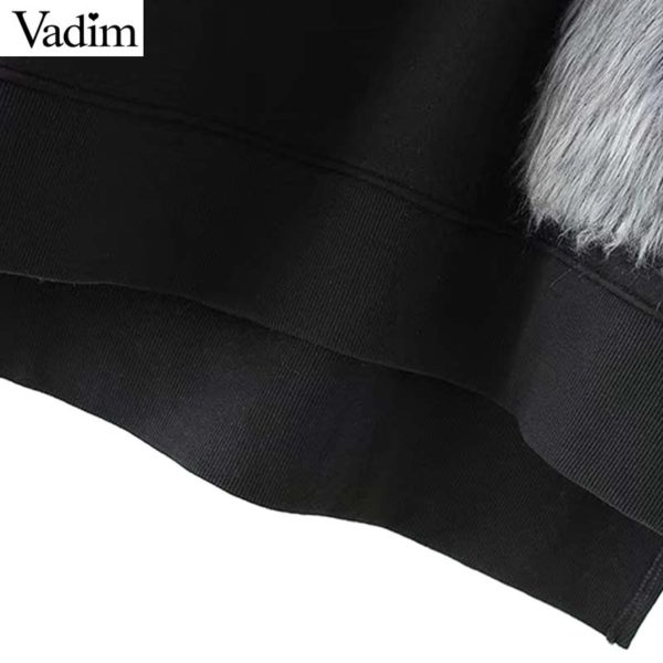 Vadim women faux fur pocket oversized chic sweatshirt o neck long sleeve side split loose pullovers black cute sudaderas SW1300 - Image 4
