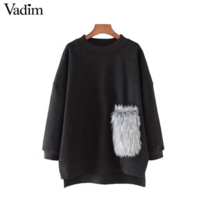 Vadim women faux fur pocket oversized chic sweatshirt o neck long sleeve side split loose pullovers black cute sudaderas SW1300