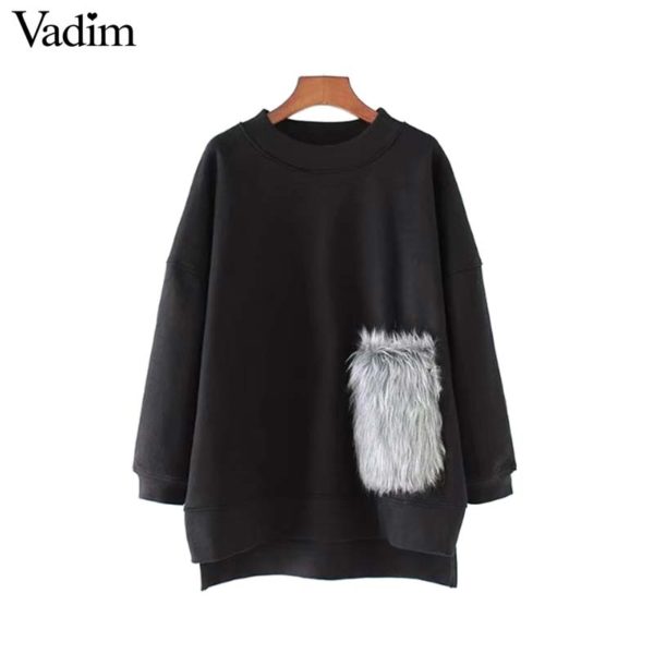 Vadim women faux fur pocket oversized chic sweatshirt o neck long sleeve side split loose pullovers black cute sudaderas SW1300
