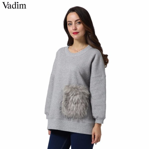 Vadim women faux fur pocket oversized long sweatshirt o neck long sleeve loose pullover autumn casual chic sudaderas SW1287 - Image 2