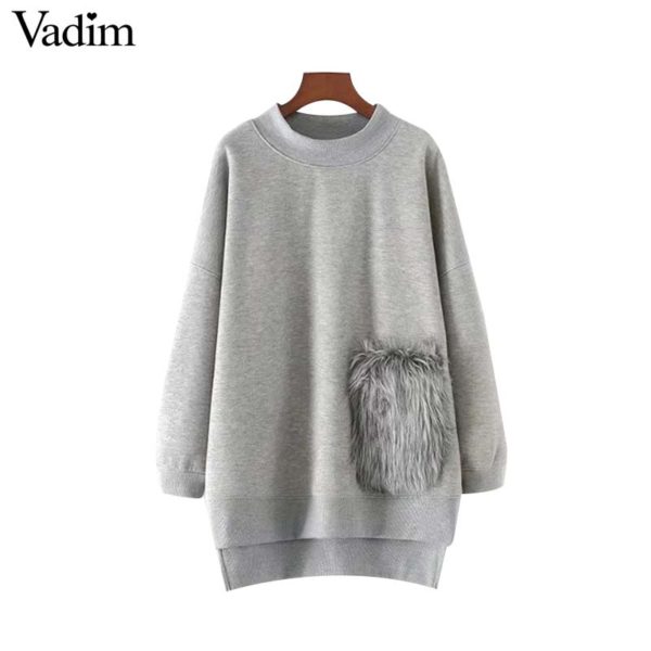 Vadim women faux fur pocket oversized long sweatshirt o neck long sleeve loose pullover autumn casual chic sudaderas SW1287 - Image 4