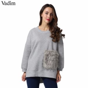 Vadim women faux fur pocket oversized long sweatshirt o neck long sleeve loose pullover autumn casual chic sudaderas SW1287