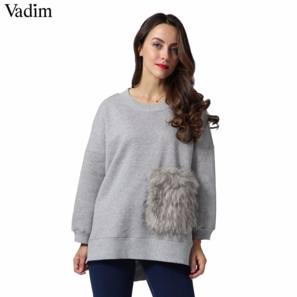Vadim women faux fur pocket oversized long sweatshirt o neck long sleeve loose pullover autumn casual chic sudaderas SW1287