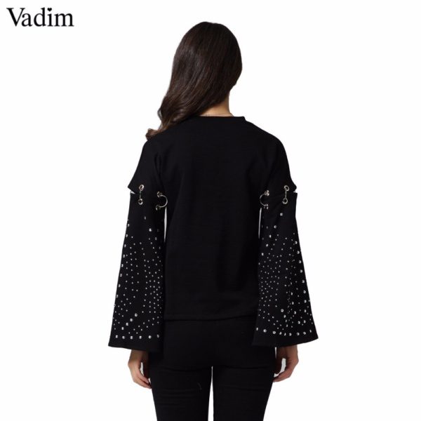 Vadim women flare sleeve rivet loose sweatshirts studded oversized o neck black pullovers autumn female casual tops LT2203 - Image 2