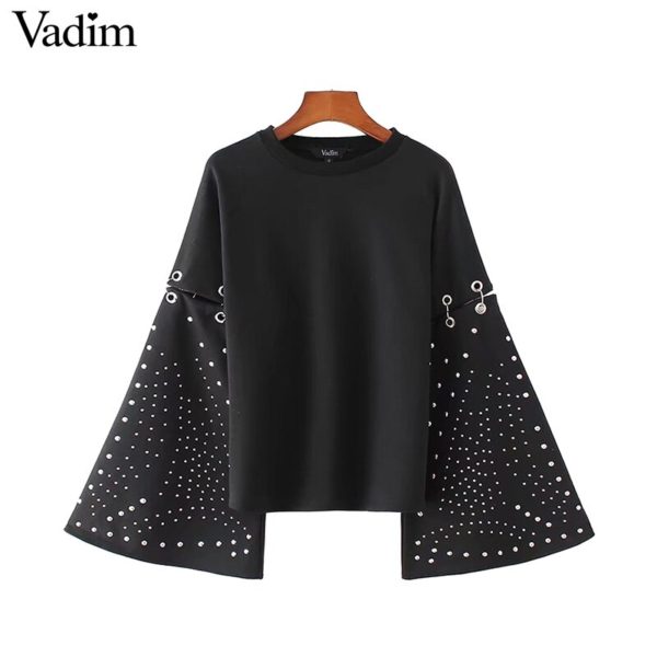 Vadim women flare sleeve rivet loose sweatshirts studded oversized o neck black pullovers autumn female casual tops LT2203 - Image 3