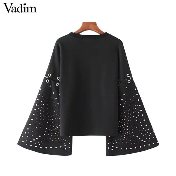 Vadim women flare sleeve rivet loose sweatshirts studded oversized o neck black pullovers autumn female casual tops LT2203 - Image 4