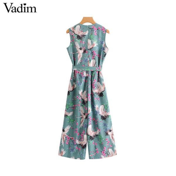 Vadim women floral crane print jumpsuits bow tie sashes pockets sleeveless pleated rompers female casual chic playsuits KA564 - Image 2