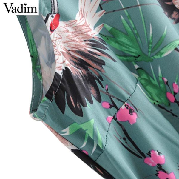 Vadim women floral crane print jumpsuits bow tie sashes pockets sleeveless pleated rompers female casual chic playsuits KA564 - Image 3