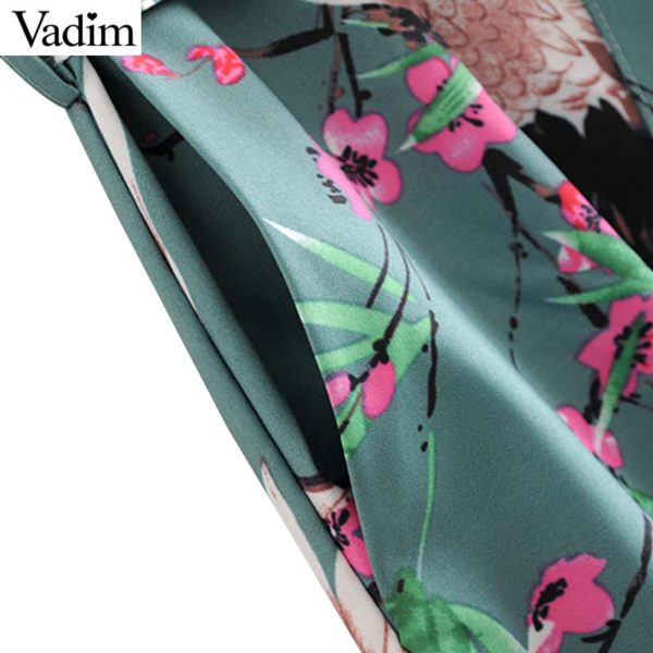 Vadim women floral crane print jumpsuits bow tie sashes pockets sleeveless pleated rompers female casual chic playsuits KA564 - Image 4