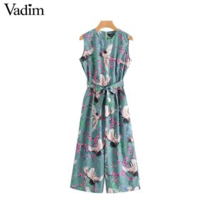 Vadim women floral crane print jumpsuits bow tie sashes pockets sleeveless pleated rompers female casual chic playsuits KA564