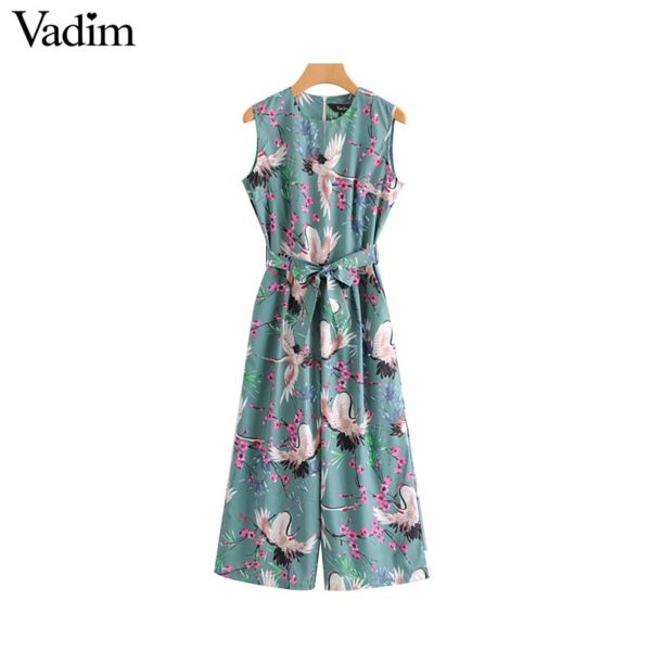 Vadim women floral crane print jumpsuits bow tie sashes pockets sleeveless pleated rompers female casual chic playsuits KA564