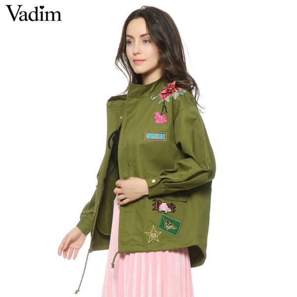 Vadim women floral embroidery bomber jacket patched rivet design loose flight jackets casual coat punk outwear capa CT1285 - Image 2