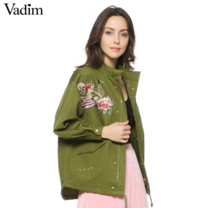 Vadim women floral embroidery bomber jacket patched rivet design loose flight jackets casual coat punk outwear capa CT1285