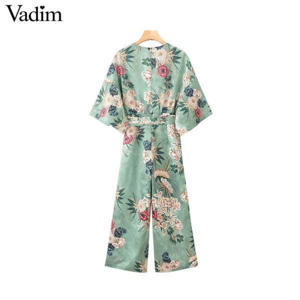 Vadim women floral print wide leg jumpsuits short sleeve back zipper sashes pockets female casual sweet long playsuits KA890 - Image 2