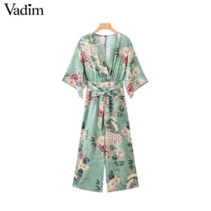 Vadim women floral print wide leg jumpsuits short sleeve back zipper sashes pockets female casual sweet long playsuits KA890