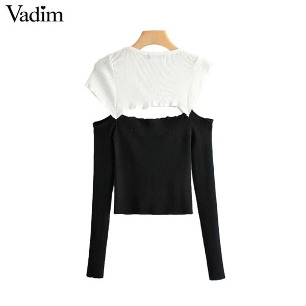 Vadim women knitted patchwork backless sweater long sleeve off shoulder contrast color sexy pullovers female chic tops HA388 - Image 2