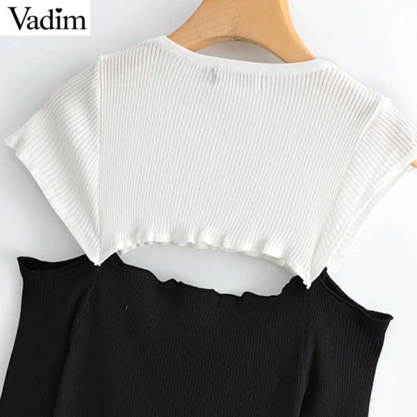 Vadim women knitted patchwork backless sweater long sleeve off shoulder contrast color sexy pullovers female chic tops HA388 - Image 4