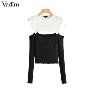 Vadim women knitted patchwork backless sweater long sleeve off shoulder contrast color sexy pullovers female chic tops HA388