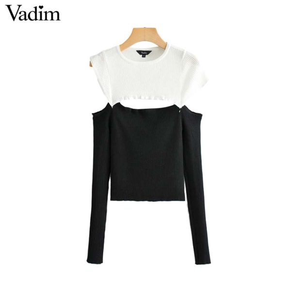 Vadim women knitted patchwork backless sweater long sleeve off shoulder contrast color sexy pullovers female chic tops HA388