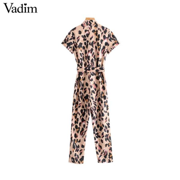 Vadim women leopard print jumpsuits short sleeve bow tie sashes animal pattern pockets rompers female chic long playsuits KA793 - Image 2