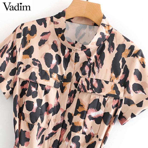 Vadim women leopard print jumpsuits short sleeve bow tie sashes animal pattern pockets rompers female chic long playsuits KA793 - Image 3