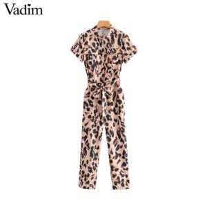 Vadim women leopard print jumpsuits short sleeve bow tie sashes animal pattern pockets rompers female chic long playsuits KA793