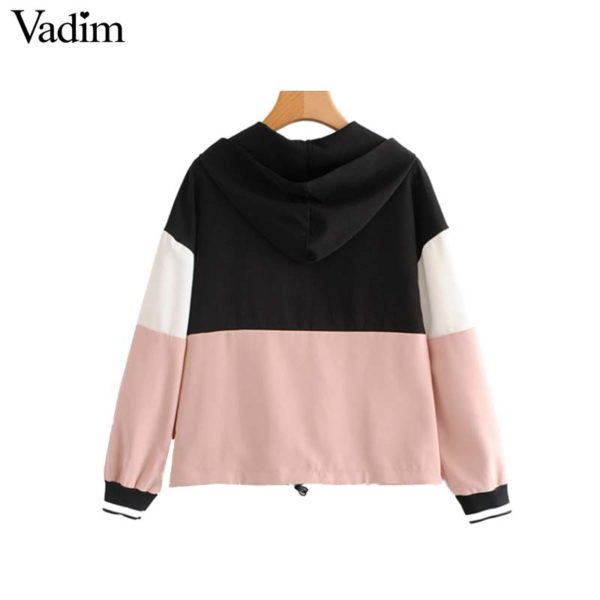 Vadim women loose patchwork hooded sweatshirts drawstring tie long sleeve pockets basic pullovers female pink chic tops HA230 - Image 2