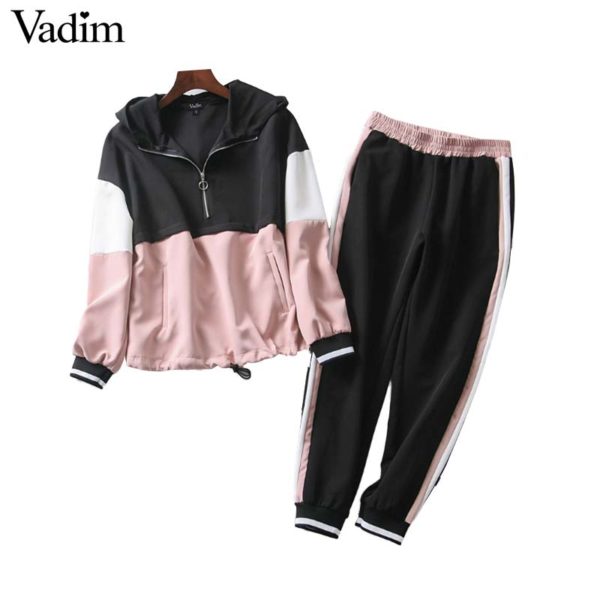 Vadim women loose patchwork hooded sweatshirts drawstring tie long sleeve pockets basic pullovers female pink chic tops HA230 - Image 3