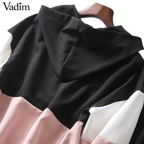Vadim women loose patchwork hooded sweatshirts drawstring tie long sleeve pockets basic pullovers female pink chic tops HA230 - Image 4