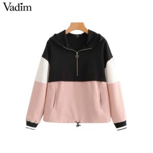 Vadim women loose patchwork hooded sweatshirts drawstring tie long sleeve pockets basic pullovers female pink chic tops HA230