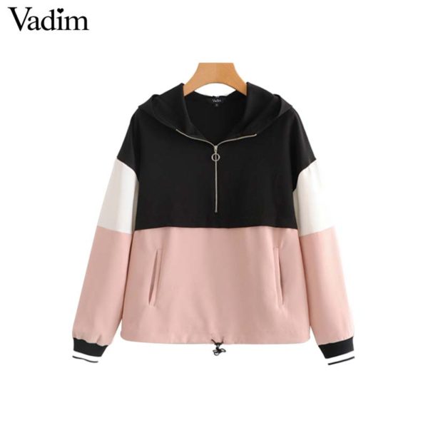 Vadim women loose patchwork hooded sweatshirts drawstring tie long sleeve pockets basic pullovers female pink chic tops HA230