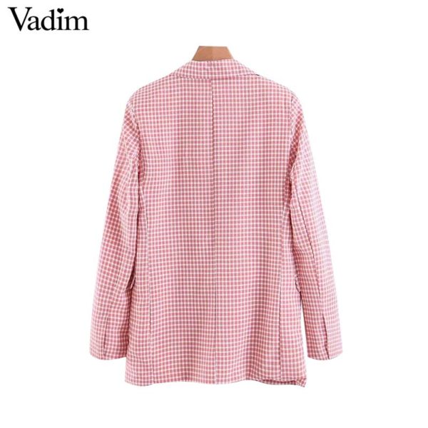 Vadim women pink plaid blazer pockets single button long sleeve female casual coats office wear outerwear chic tops CA441 - Image 2