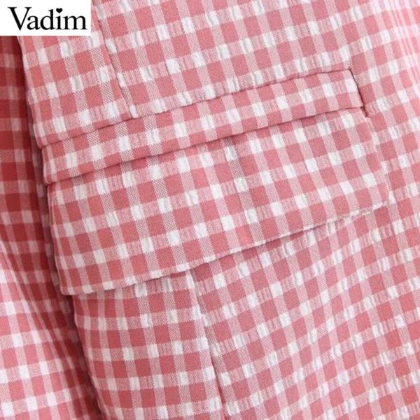 Vadim women pink plaid blazer pockets single button long sleeve female casual coats office wear outerwear chic tops CA441 - Image 4