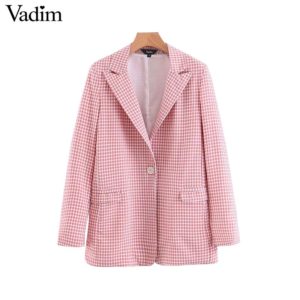 Vadim women pink plaid blazer pockets single button long sleeve female casual coats office wear outerwear chic tops CA441