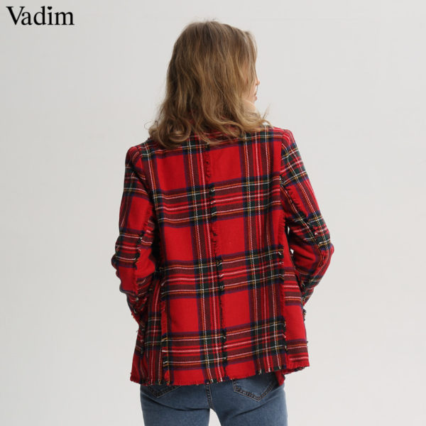 Vadim women plaid notched collar tweed blazer double breasted pockets tassel hem female loose casual outwear chic tops CA106 - Image 2
