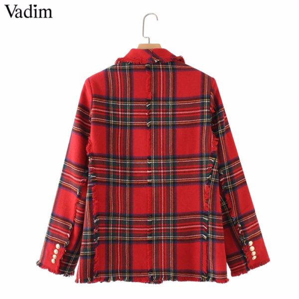 Vadim women plaid notched collar tweed blazer double breasted pockets tassel hem female loose casual outwear chic tops CA106 - Image 4