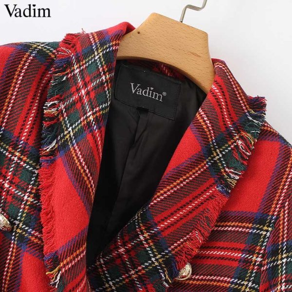 Vadim women plaid notched collar tweed blazer double breasted pockets tassel hem female loose casual outwear chic tops CA106 - Image 5