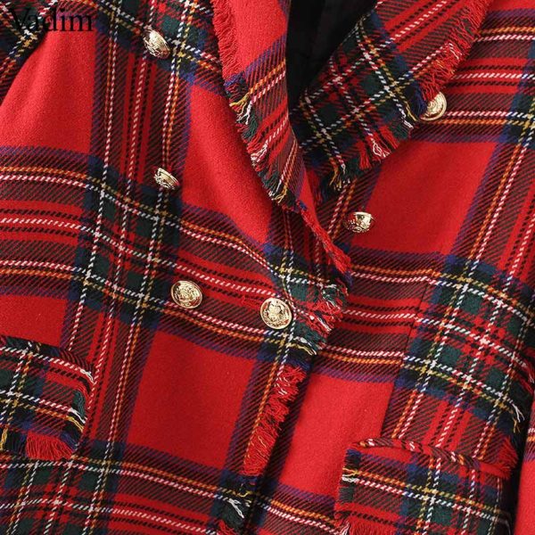 Vadim women plaid notched collar tweed blazer double breasted pockets tassel hem female loose casual outwear chic tops CA106 - Image 6