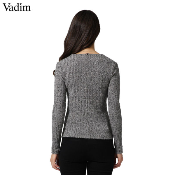 Vadim women sexy v neck knitted sweater bandage pullover lace up Elastic low cut cross bodycon long sleeve casual tops SW867 - Image 2