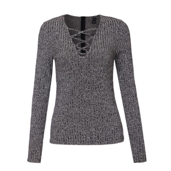 Vadim women sexy v neck knitted sweater bandage pullover lace up Elastic low cut cross bodycon long sleeve casual tops SW867 - Image 3